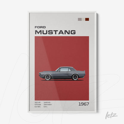 modern framed artwork featuring the 1967 Ford Mustang on a red background with a white frame