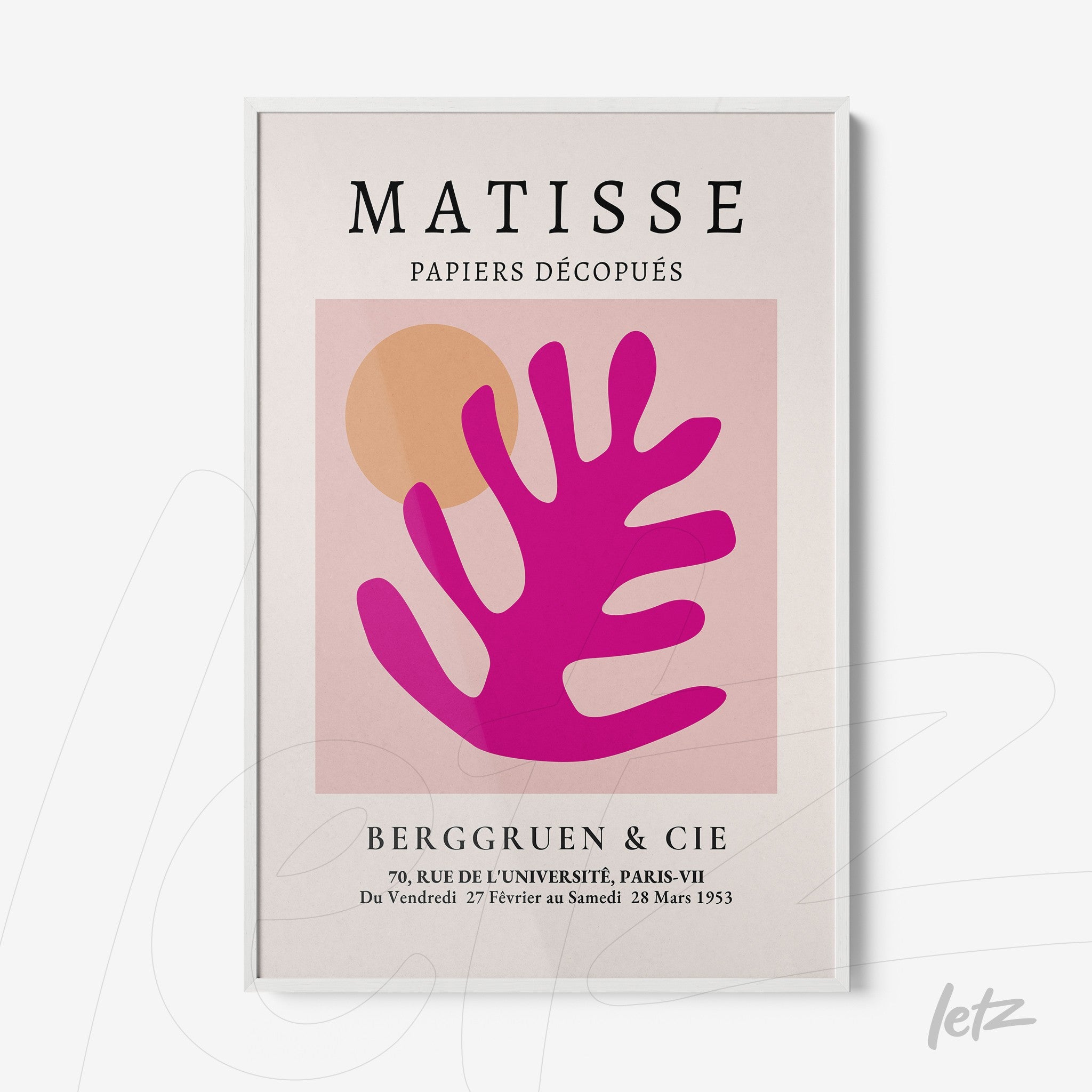 framed artwork in modern style featuring a pink plant silhouette on a light background with vintage typography