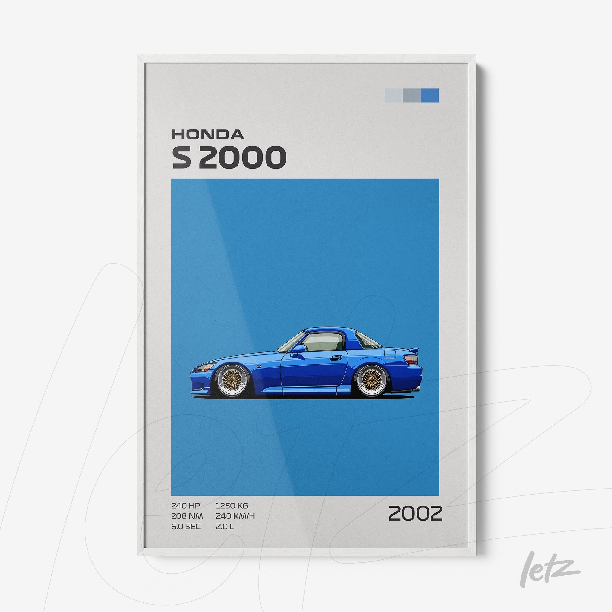 framed artwork of a Honda S2000 in minimalist style on a vibrant blue background with white frame