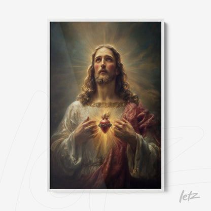 framed religious art of Jesus Christ with a flaming heart and divine light background