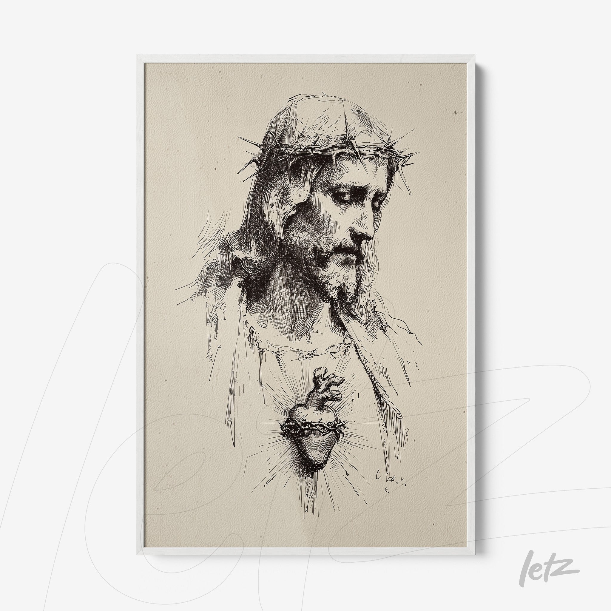 portrait of Jesus with a crown of thorns and exposed heart in white frame