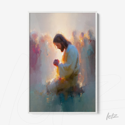 impressionist framed wall art of jesus in prayer surrounded by blurred figures with white frame