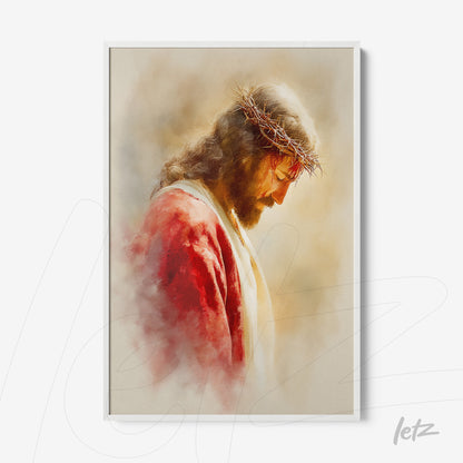 framed wall art featuring a spiritual portrait of Jesus Christ with soft details and a blurred warm-toned background