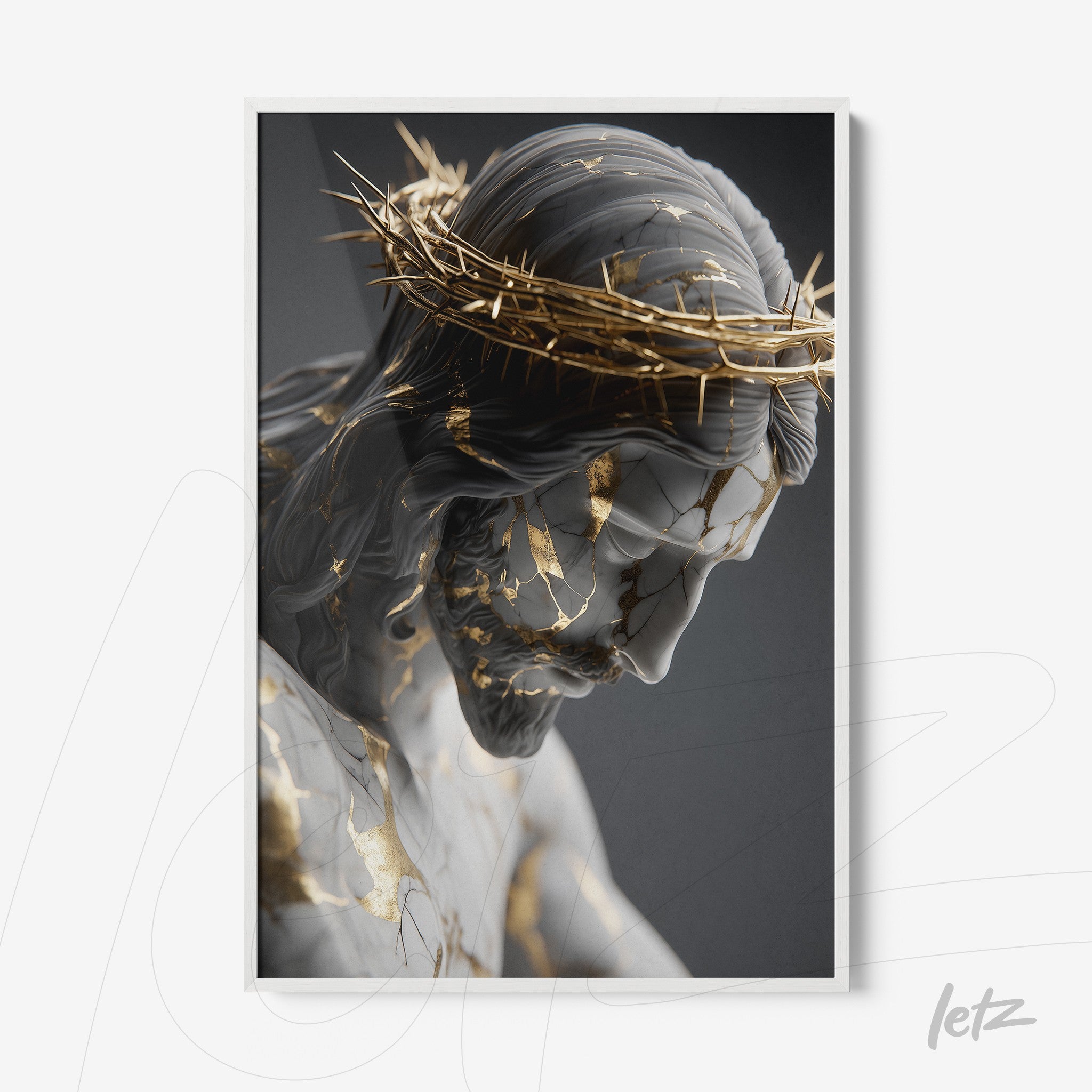 framed artwork of a detailed sculpture of Christ featuring golden cracks on a soft gray background