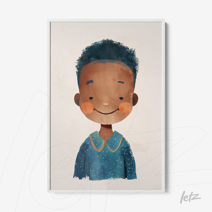 framed wall art featuring a children's illustration of a girl with curly hair wearing a blue shirt with white polka dots