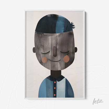 framed artwork featuring a smiling boy with blue hair and buttoned shirt