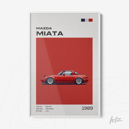 framed art print of a red Mazda Miata on a red background with white frame