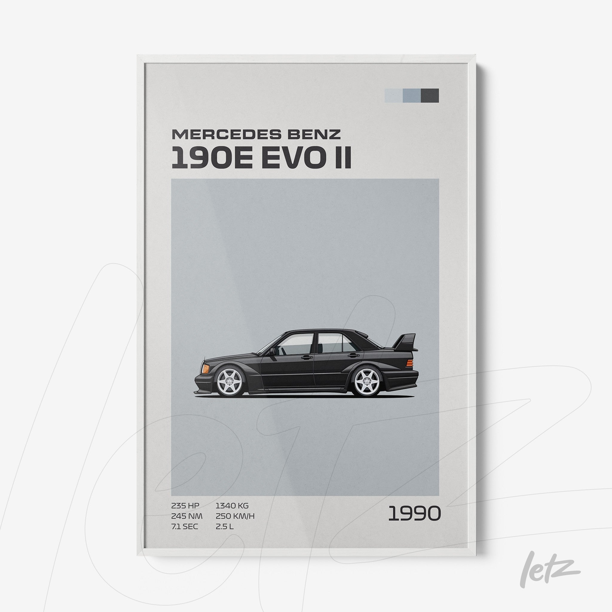 framed illustration of the mercedes benz 190e evo ii in white frame