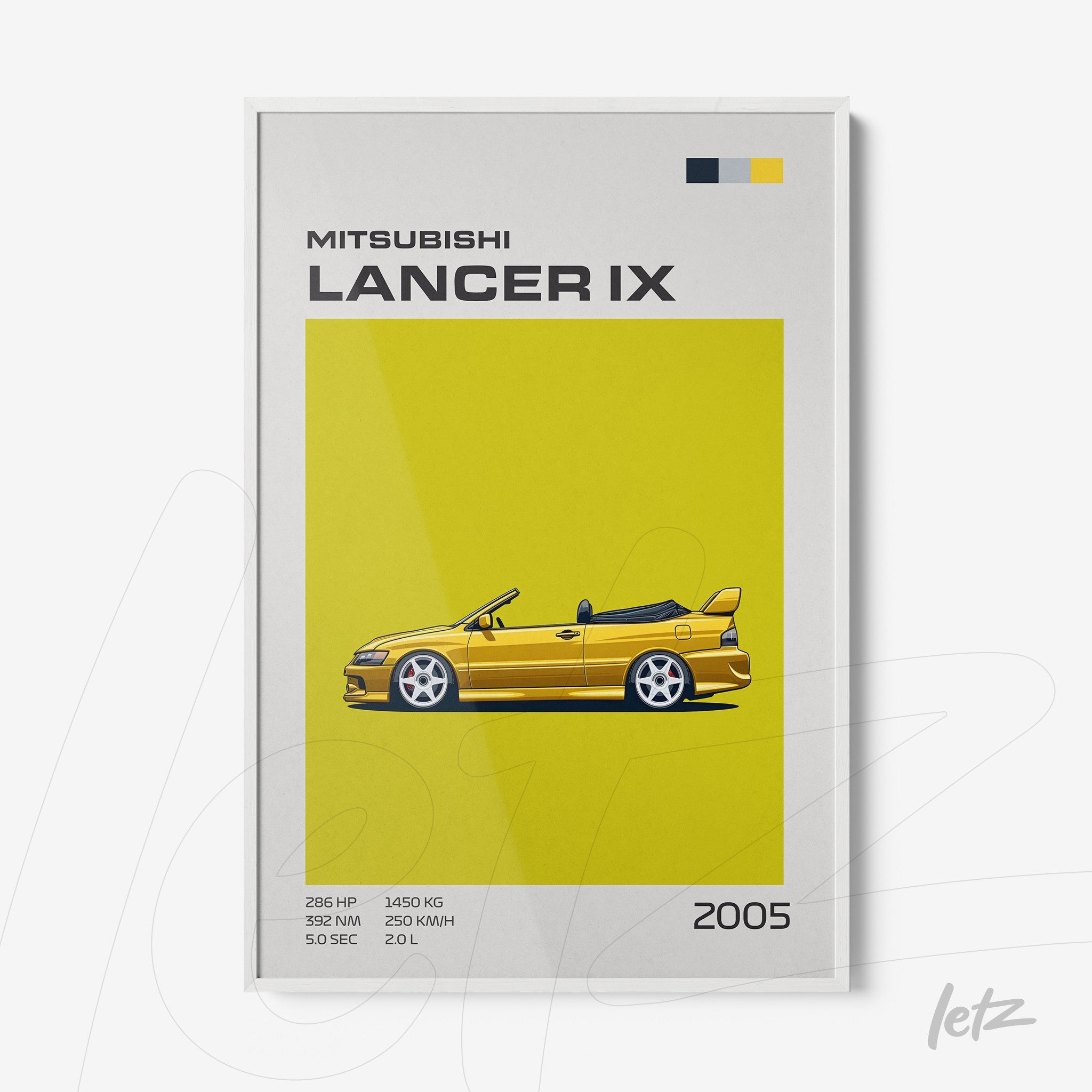 framed digital art of Mitsubishi Lancer IX in vibrant yellow background