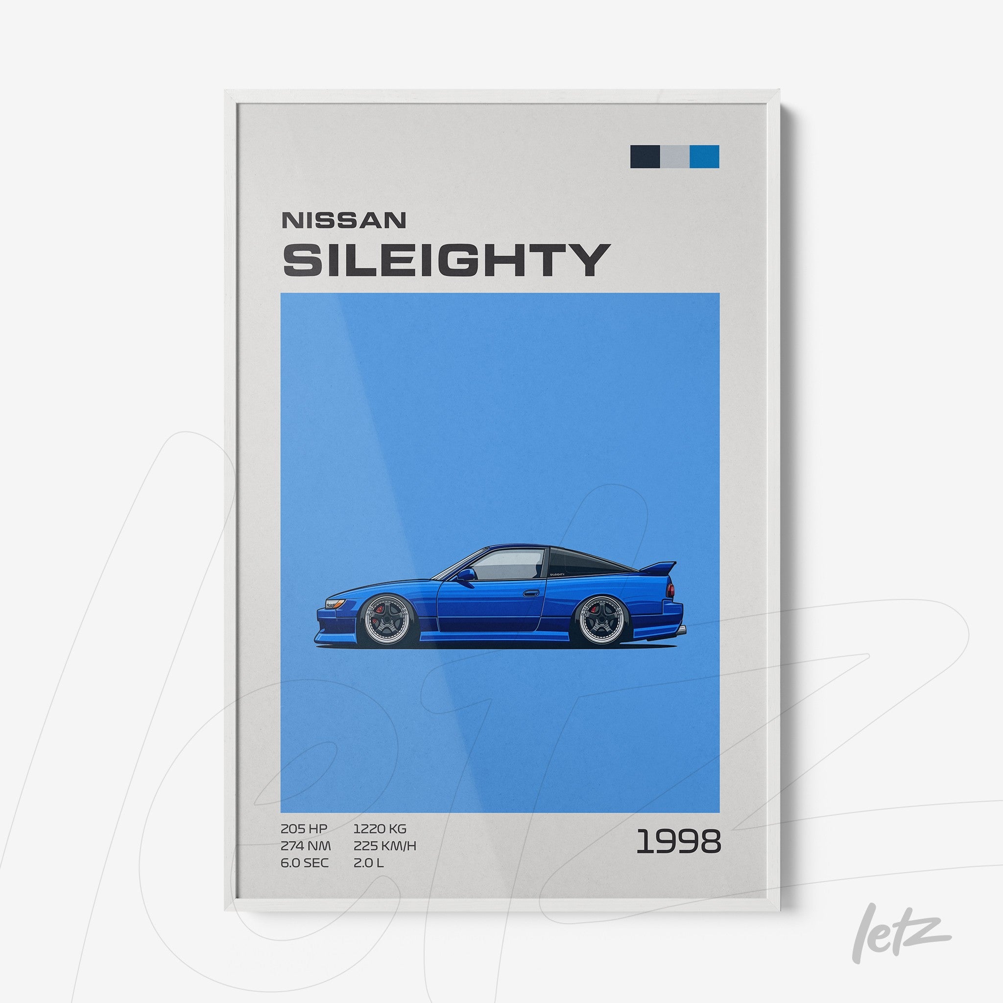 framed digital art of a nissan sileighty car on blue background with white frame