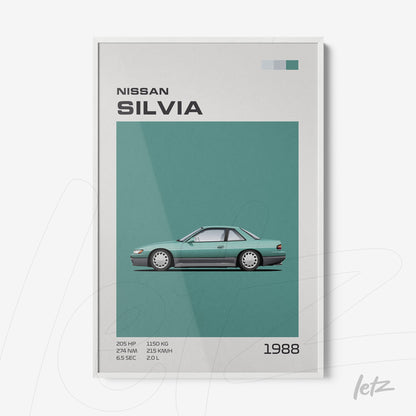 framed artwork of 1988 Nissan Silvia car illustration with white frame and teal background