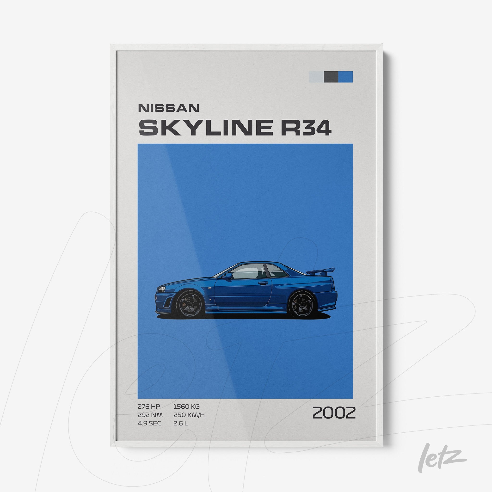 framed art print of Nissan Skyline R34 in blue background with white frame