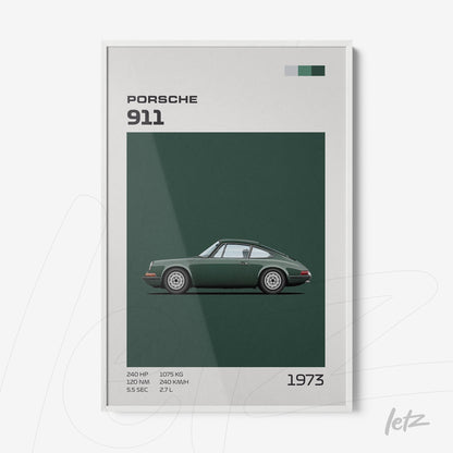 framed artwork featuring a 1973 Porsche 911 in dark green background with white frame