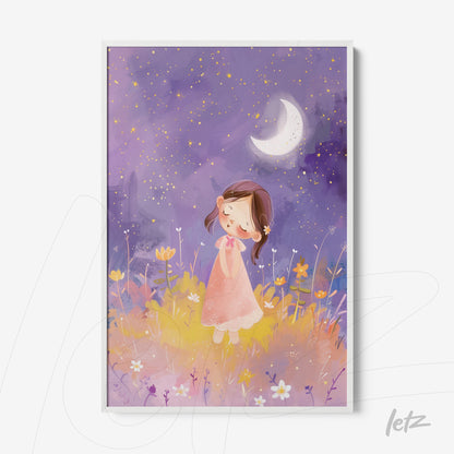 framed cute illustration of a girl in a pink dress under a starry sky with a moon and colorful flowers in a field
