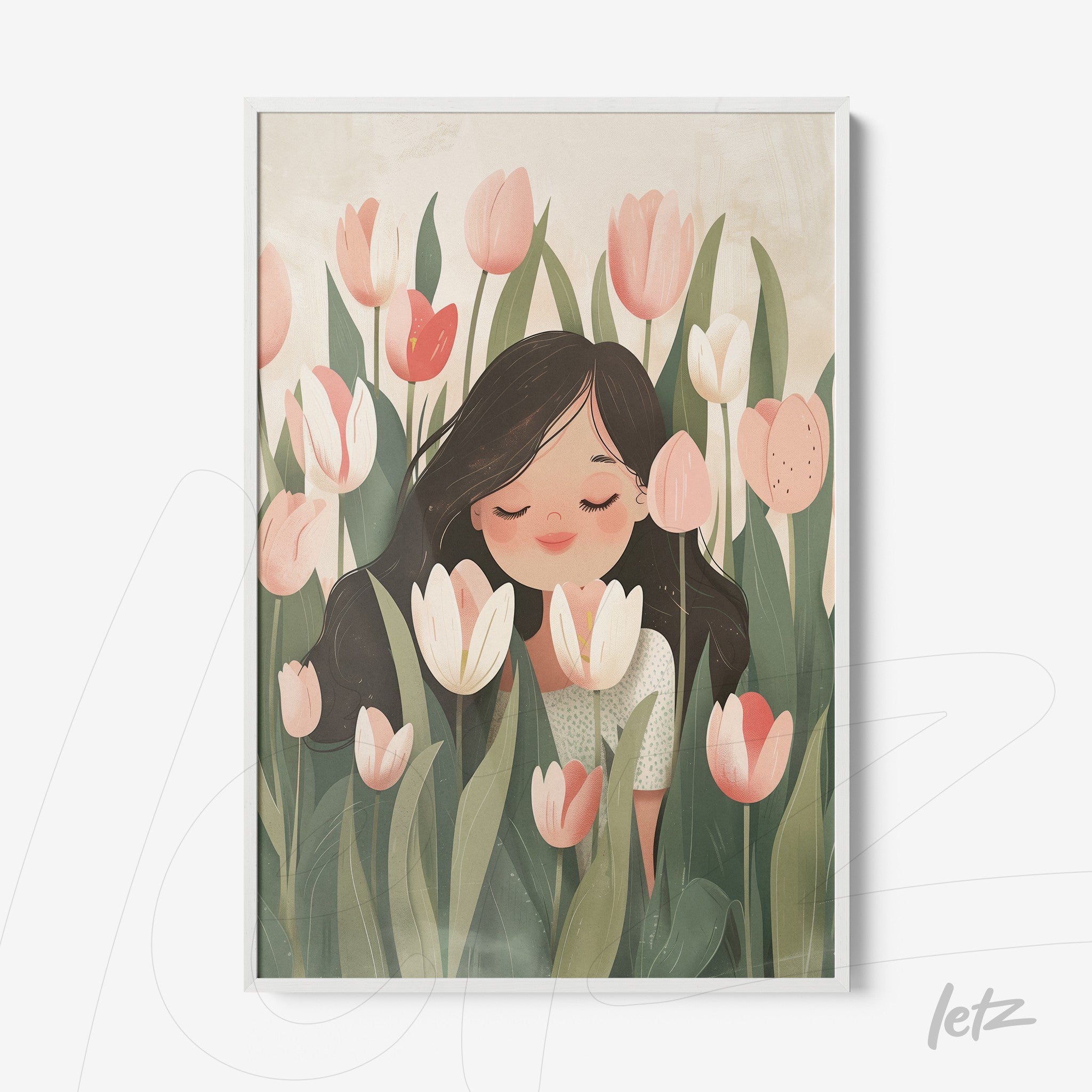 framed art featuring a smiling woman surrounded by tulips