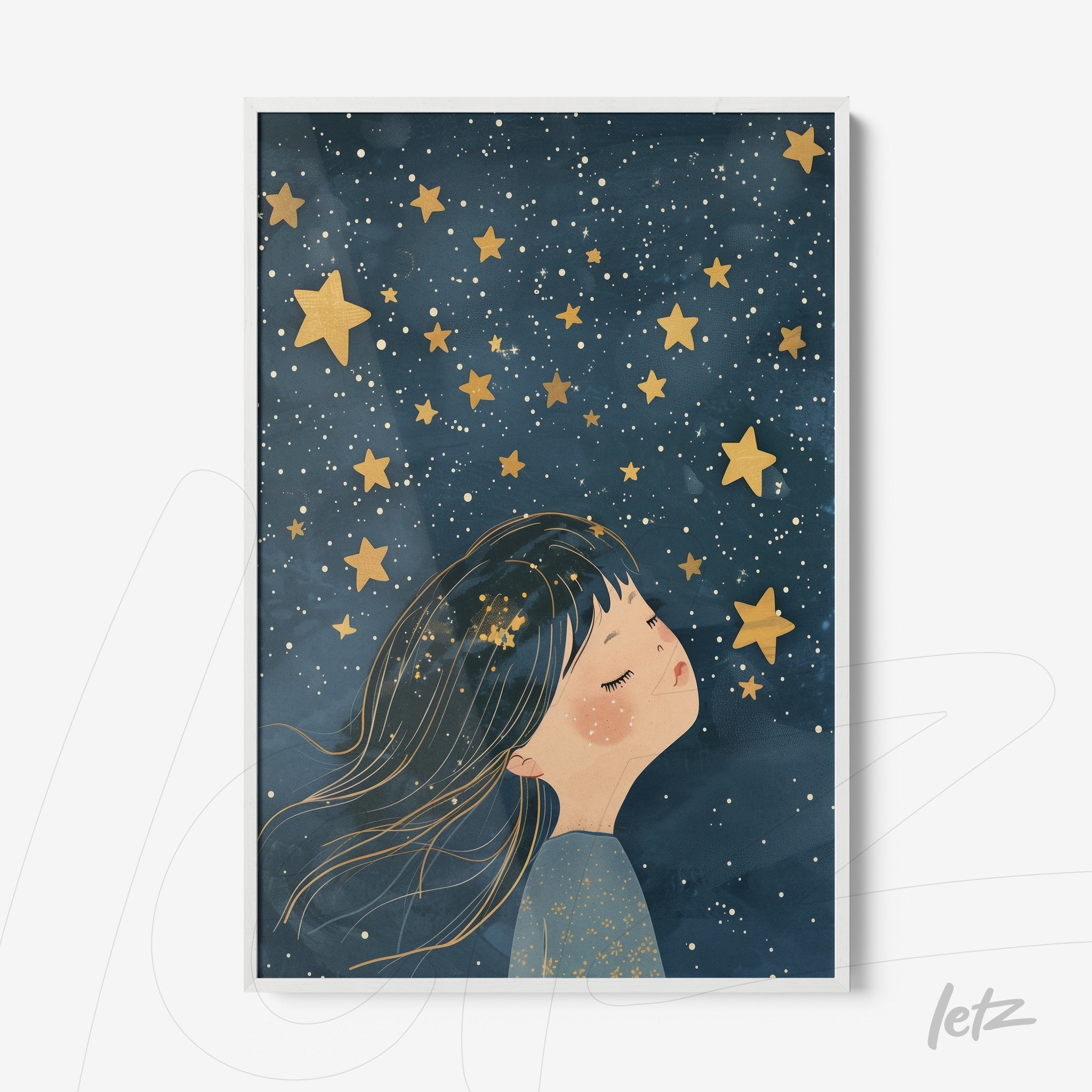 framed art featuring a girl surrounded by golden stars on a dark blue background