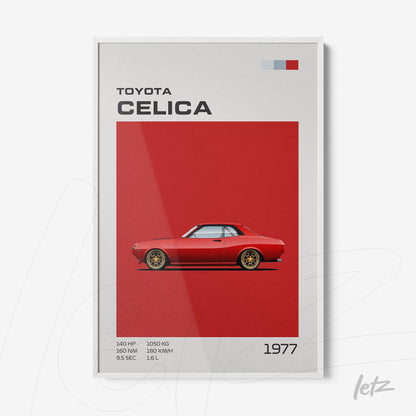 framed wall art of vintage 1977 Toyota Celica with vibrant red background and white frame