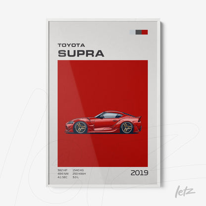 framed digital art of the 2019 Toyota Supra with a red background and stylish text details