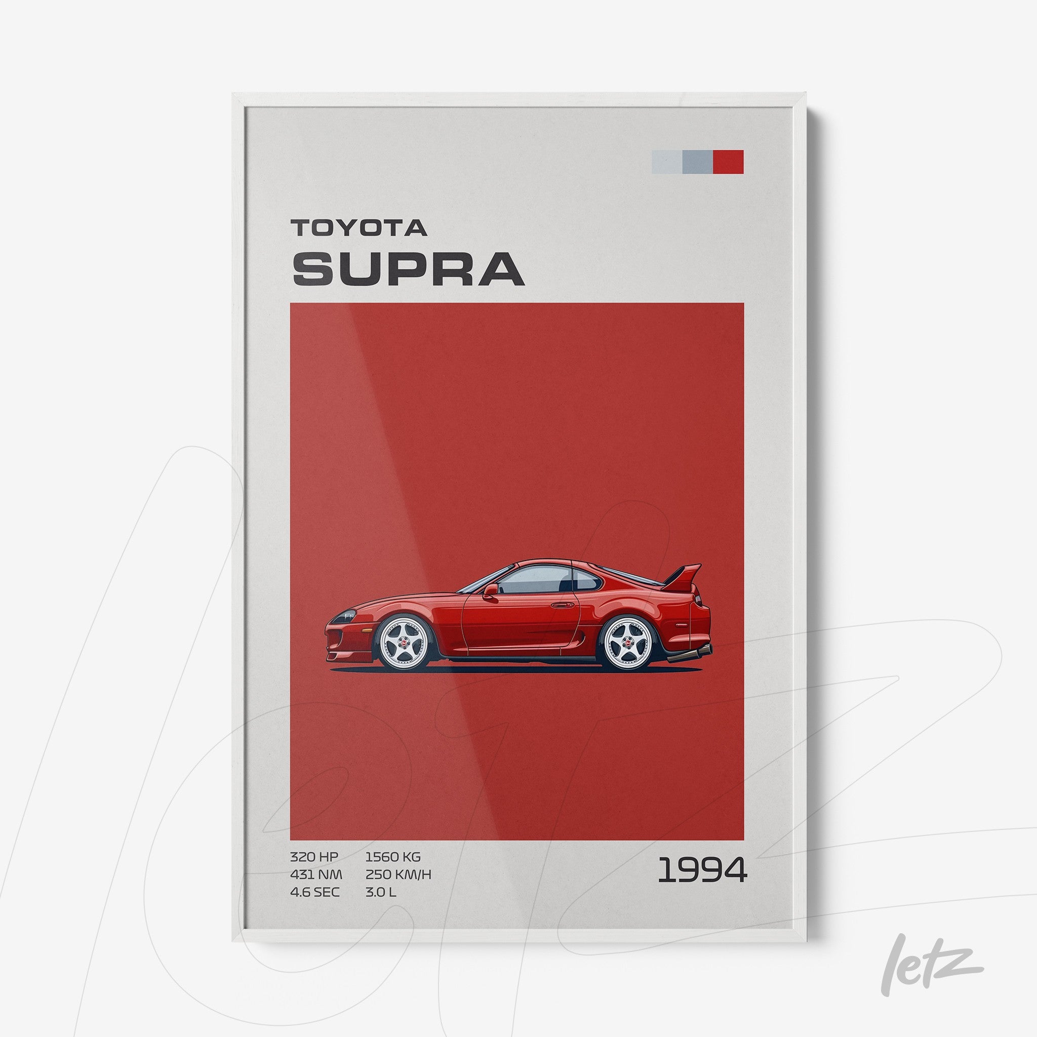 framed artwork featuring a 1994 Toyota Supra on red background with technical specifications