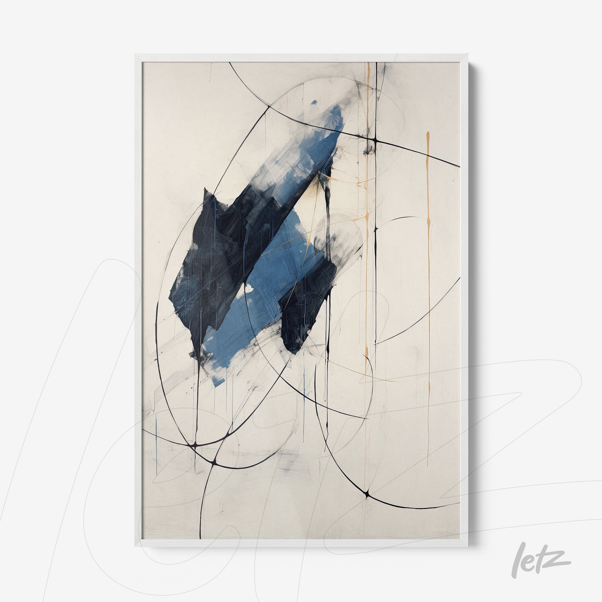 framed abstract art featuring shades of blue and black with a white frame