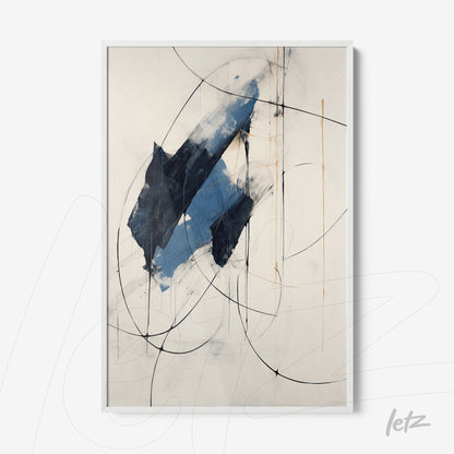 framed abstract art featuring shades of blue and black with a white frame