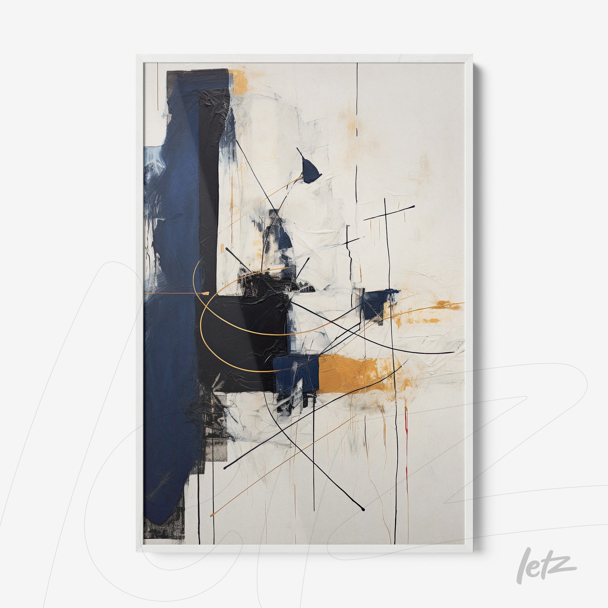 abstract wall art featuring geometric shapes in blue, yellow, and white with a white frame