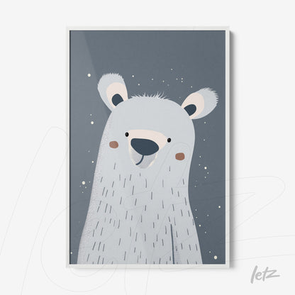 canvas print of a stylized polar bear on a blue background with a white frame