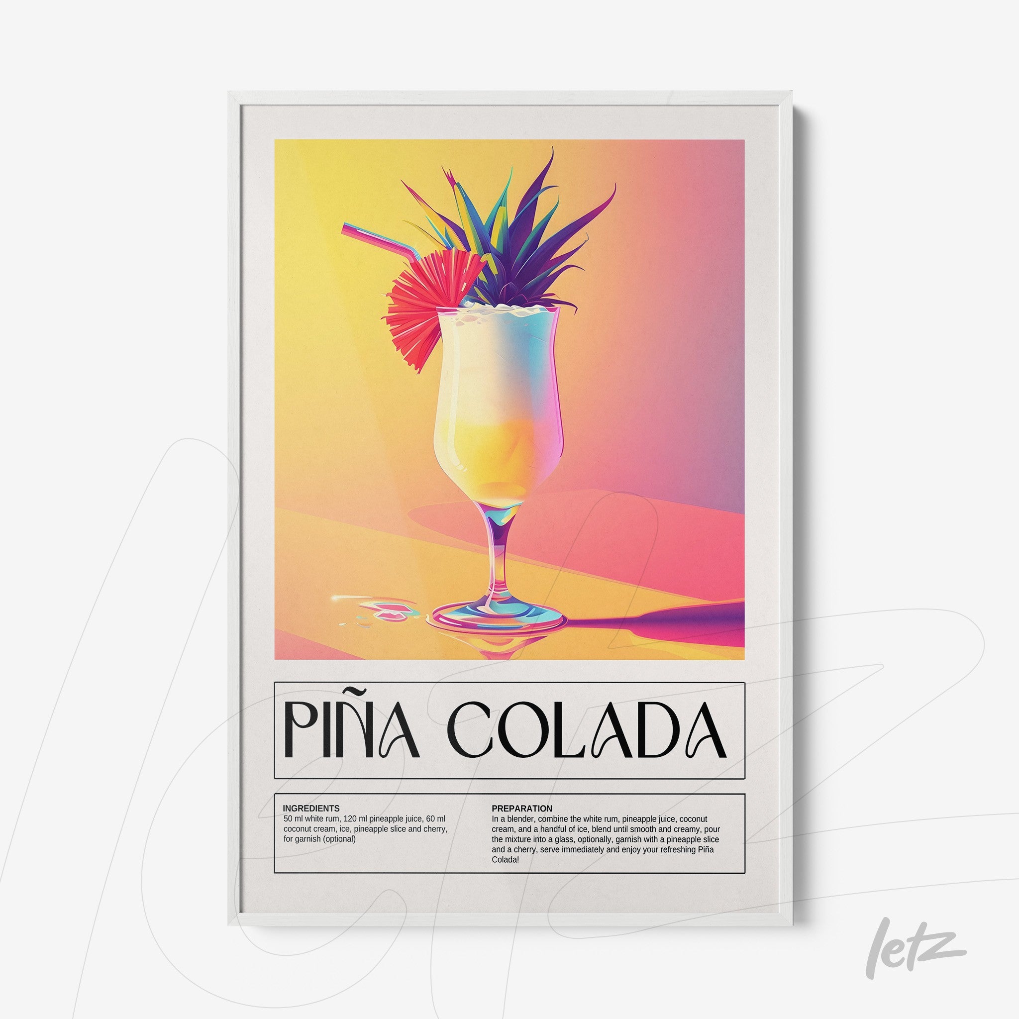 stylized digital artwork of piña colada in white frame