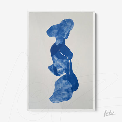 framed art piece featuring an abstract silhouette of a woman in blue tones set against a light background