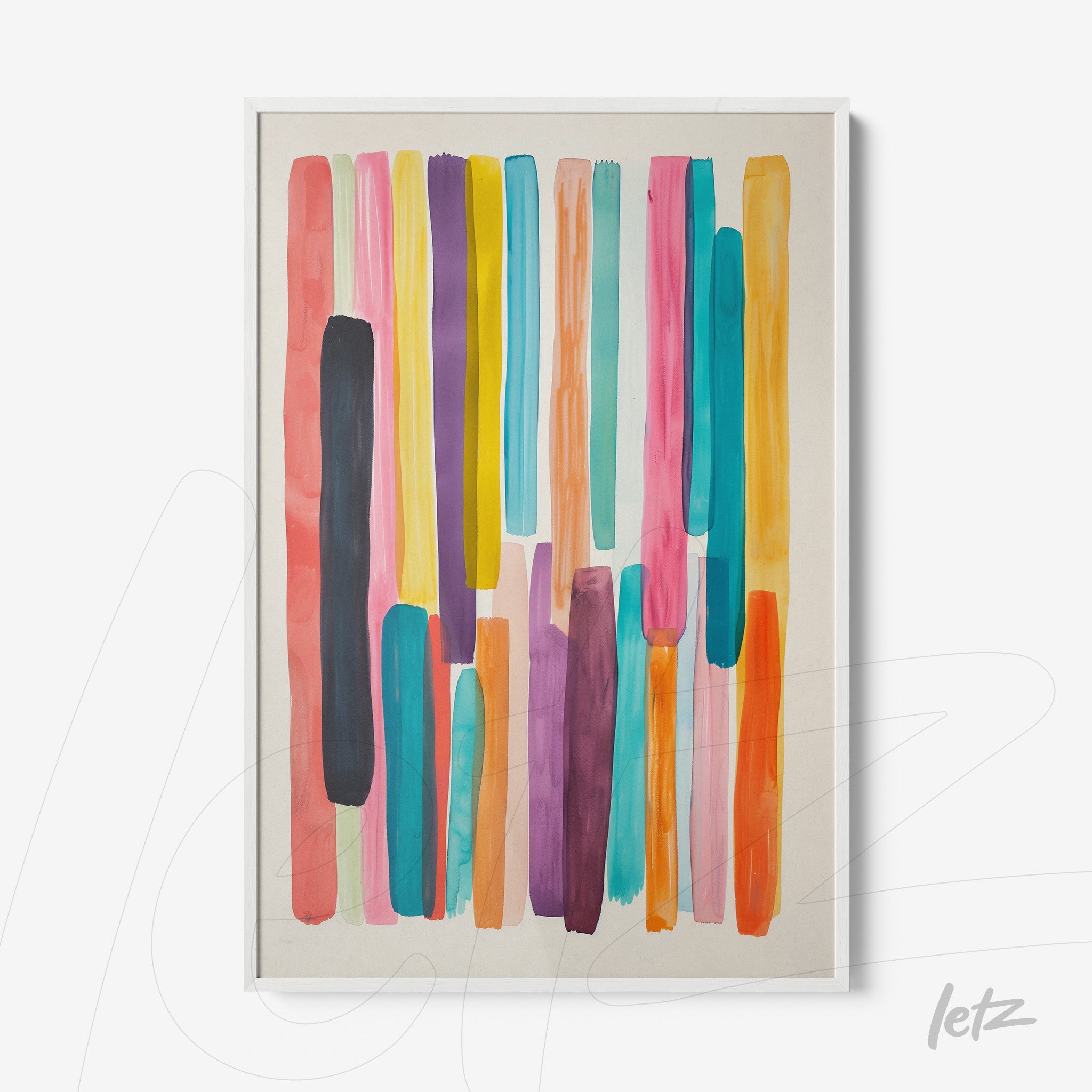 framed artwork featuring abstract vertical strokes in vibrant colors