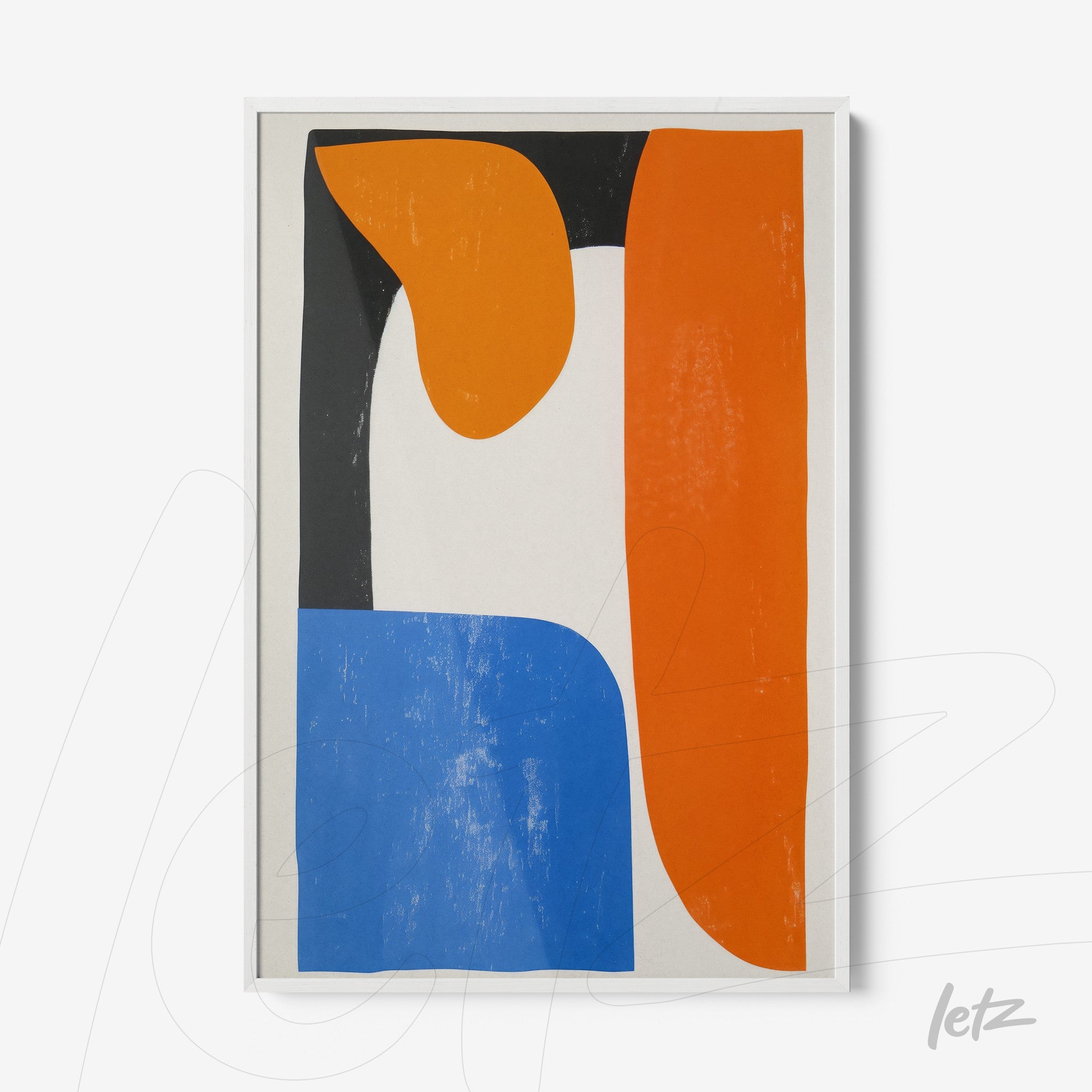 framed abstract wall art featuring vibrant shapes in orange, blue, black, and white