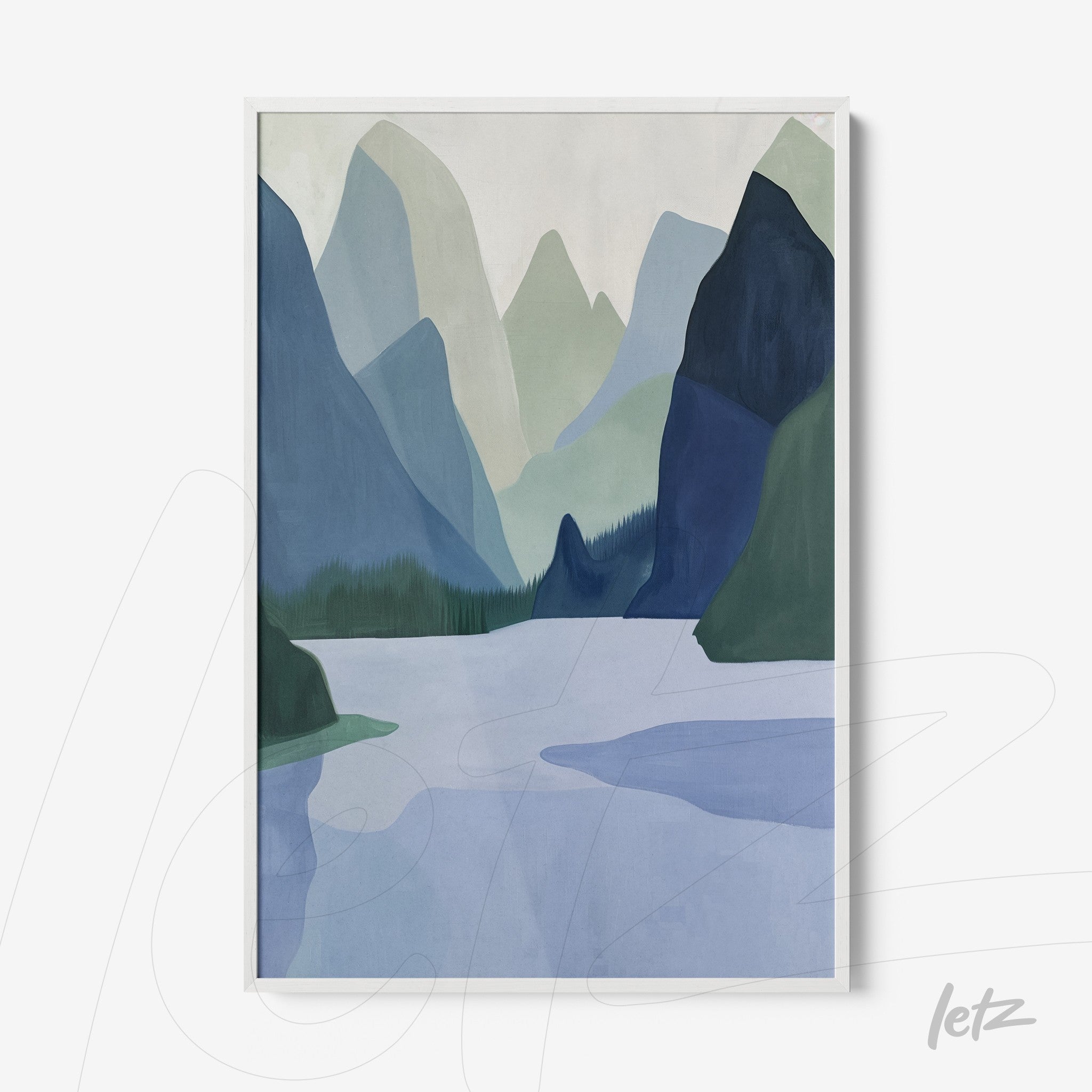 abstract landscape art print featuring mountains and a lake in a white frame