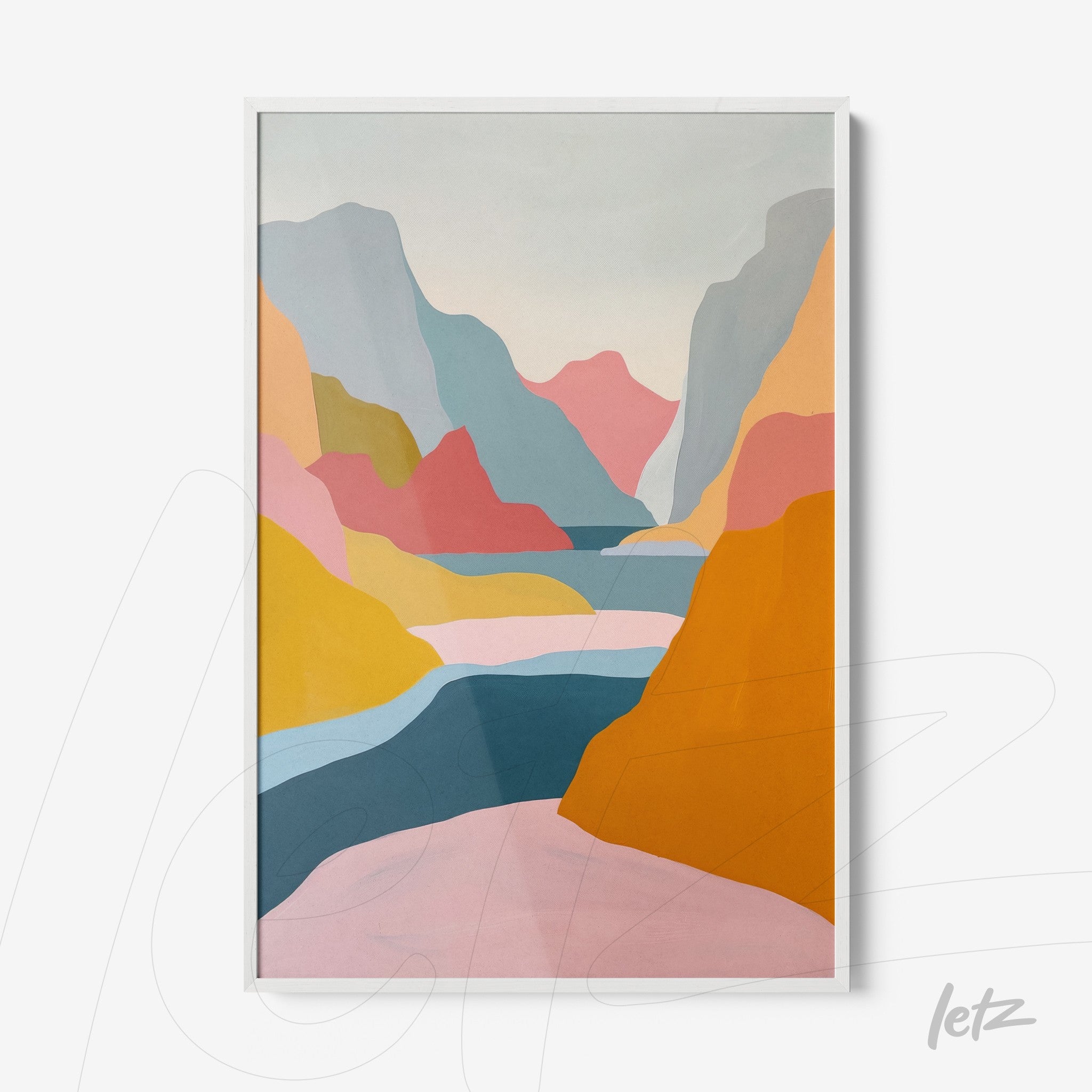 framed artwork featuring abstract mountains in pastel colors with a white frame