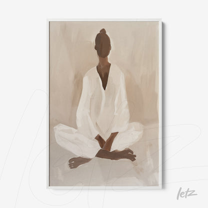 framed abstract art of a female figure sitting in a meditation pose with white frame