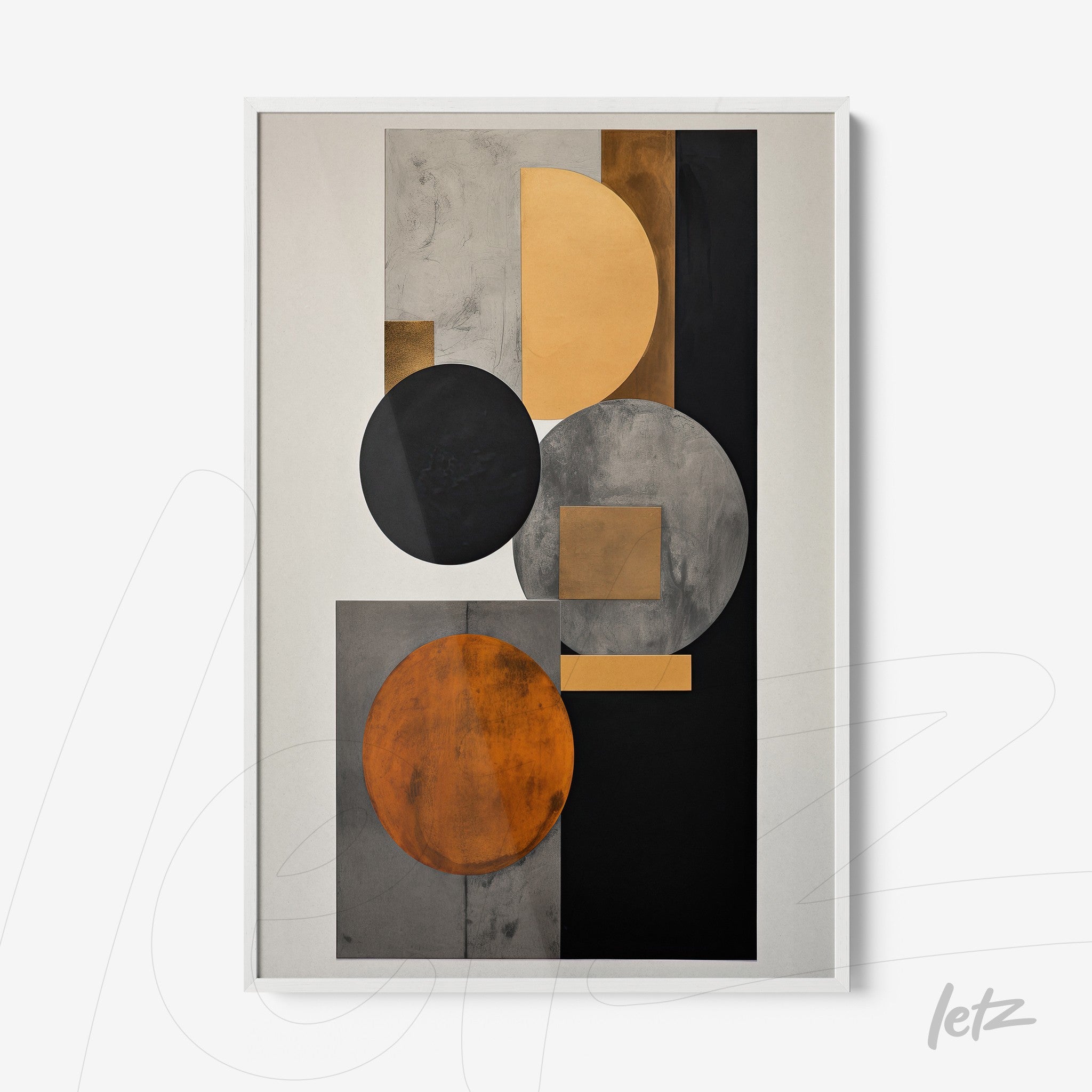 framed abstract wall art featuring geometric shapes in black, orange, and gold tones