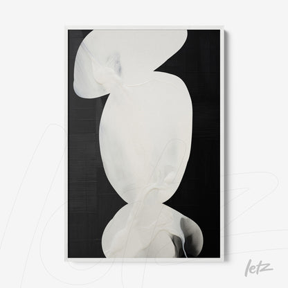 abstract minimalist framed art against black background featuring contrasting organic white shapes