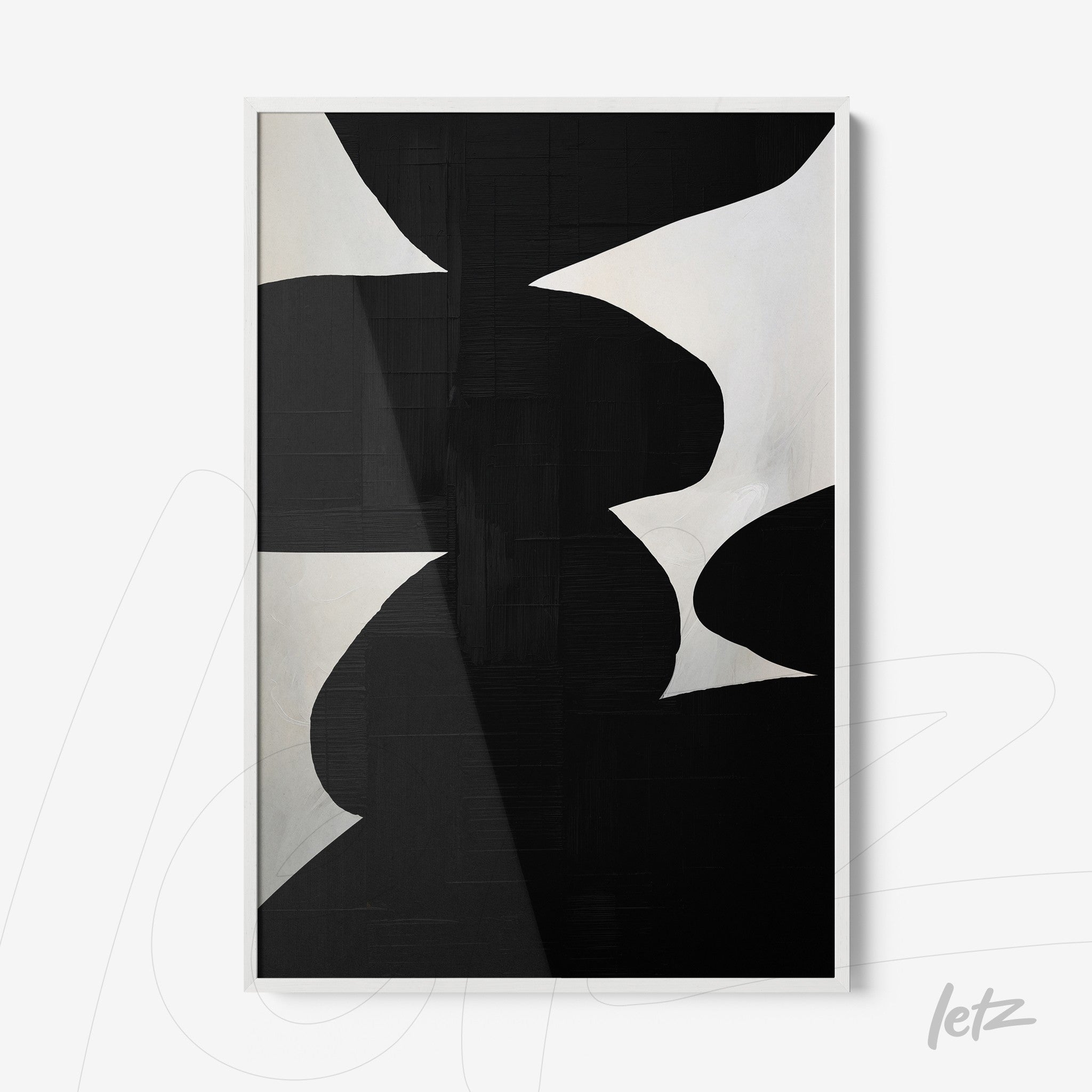 modern artwork featuring geometric shapes in black and white with a white frame