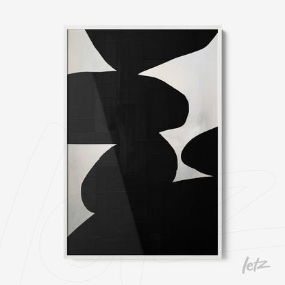 modern artwork featuring geometric shapes in black and white with a white frame