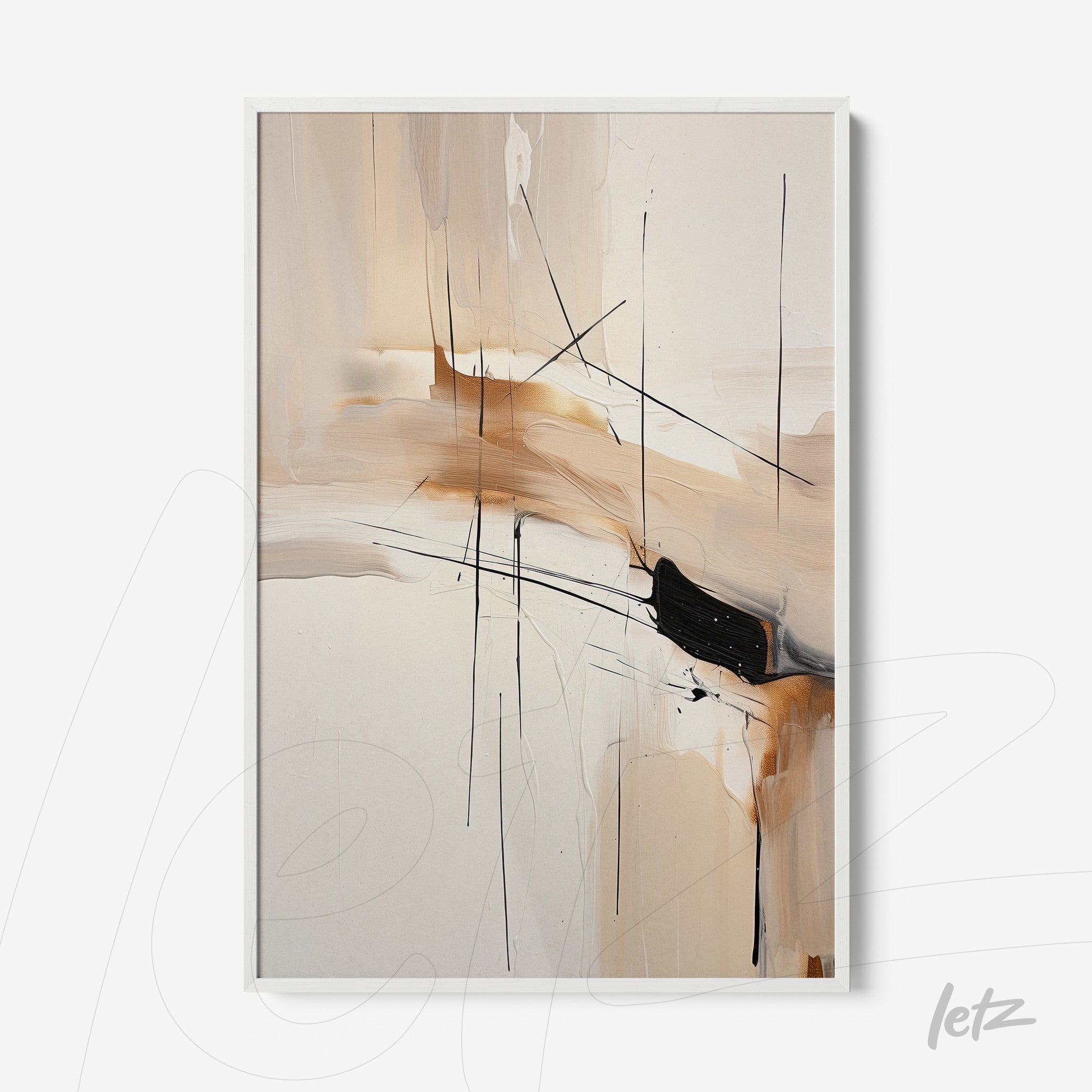 abstract artwork in neutral tones featuring black lines and brown details, framed with a white frame
