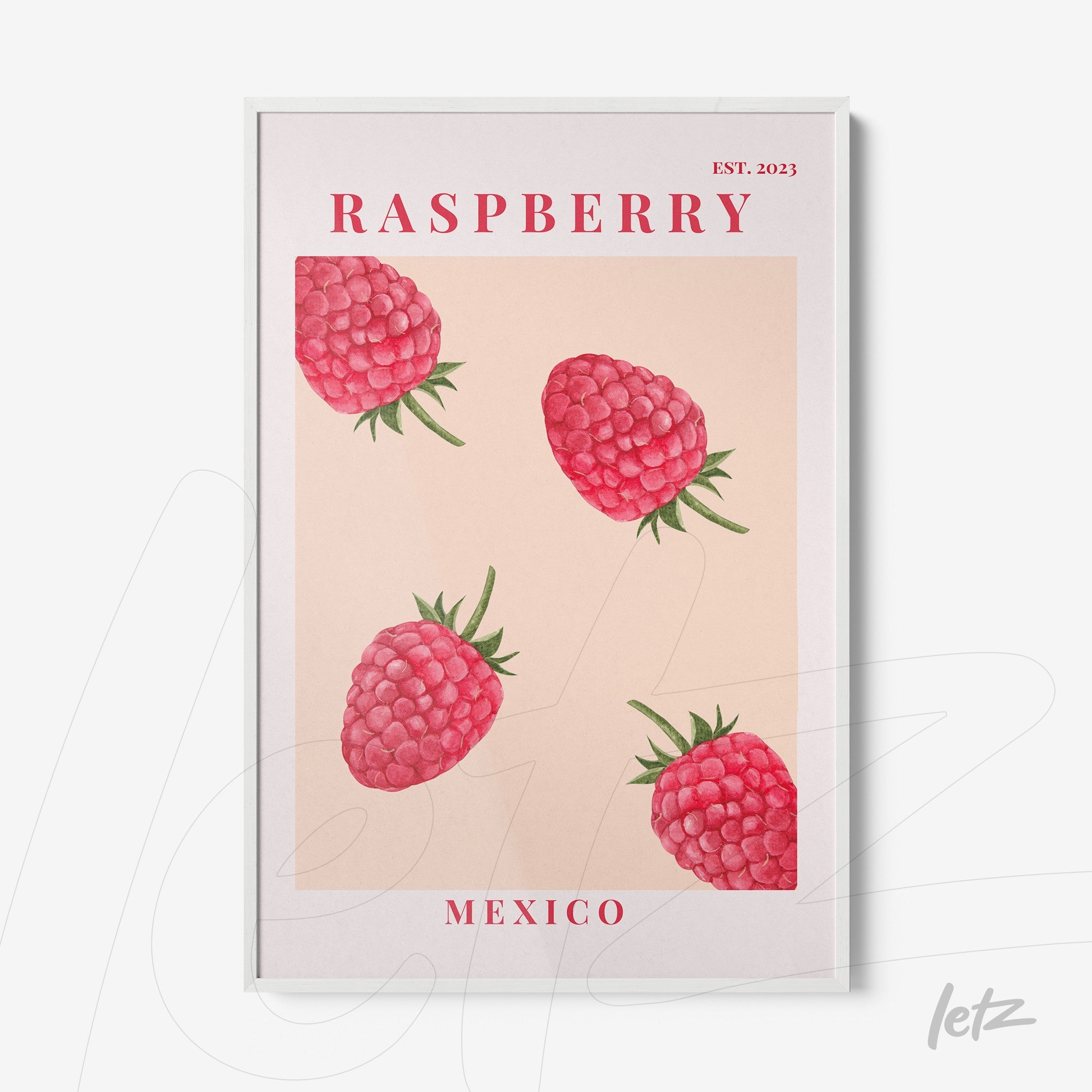 framed art print featuring raspberries on a light background with white frame