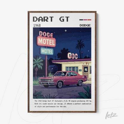 retro style framed art of a 1968 dodge dart gt car in front of a motel at night