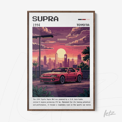 framed pixel art of a 1994 Toyota Supra MK4 with dark wood frame showcasing a sunset cityscape in the background