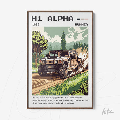 pixel art framed print of a 1997 Hummer H1 in an outdoor setting with greenery