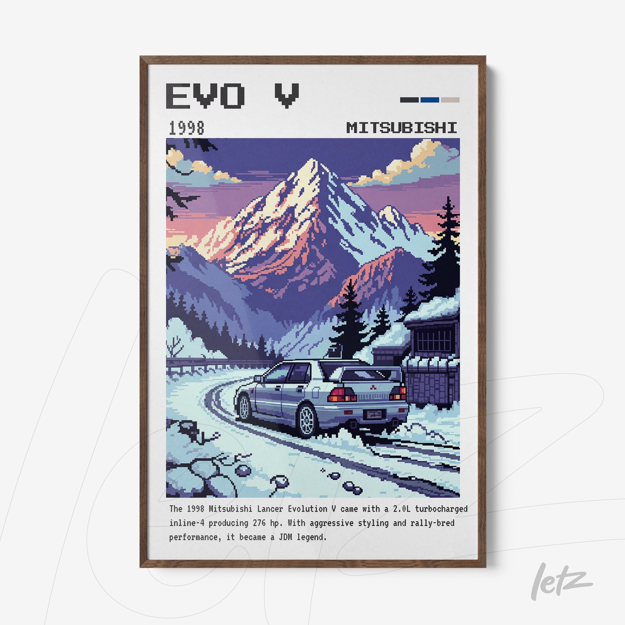 digital art print featuring the 1998 Mitsubishi Lancer Evolution V in pixel art style with a snowy mountain background