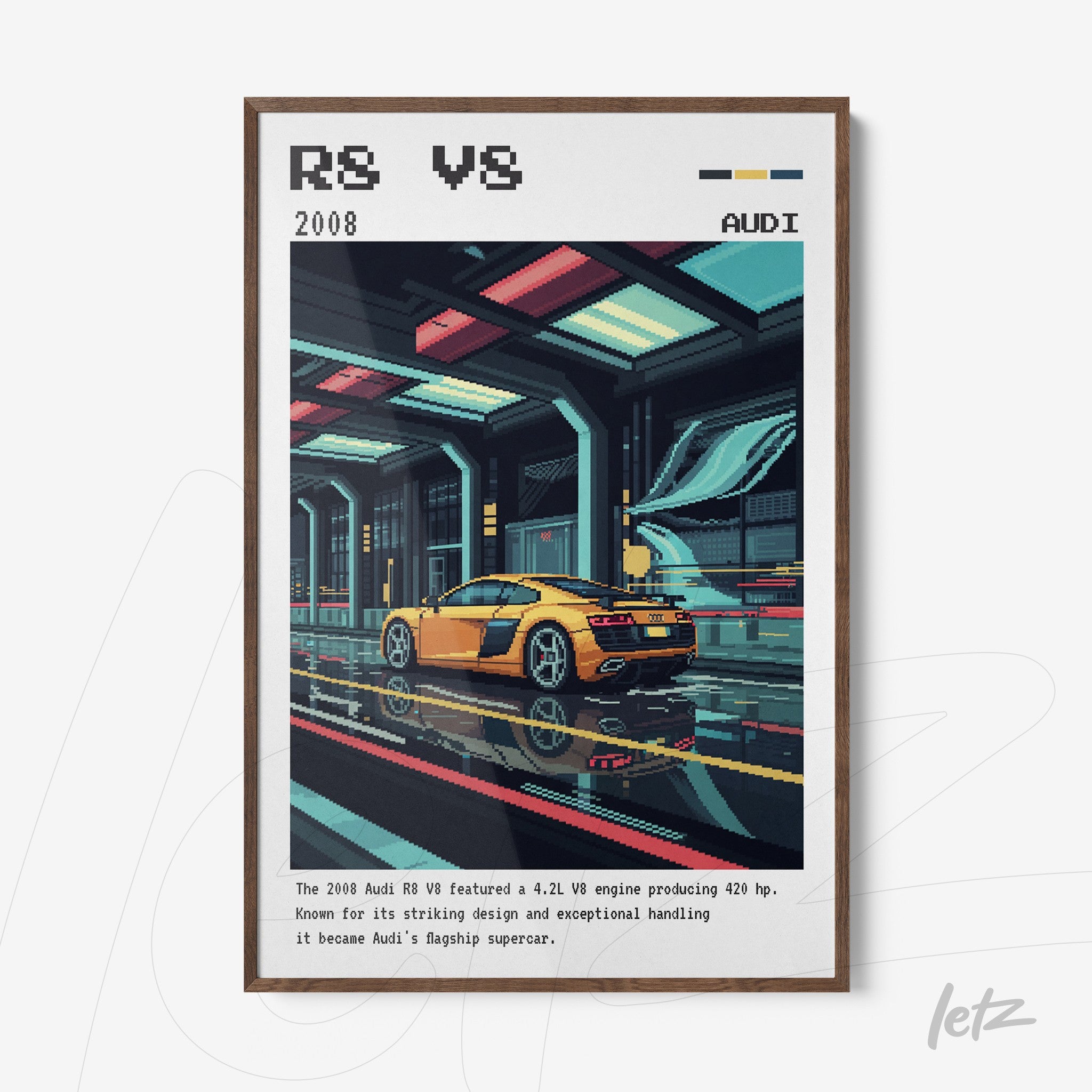 framed digital art of Audi R8 sports car with dark wood frame