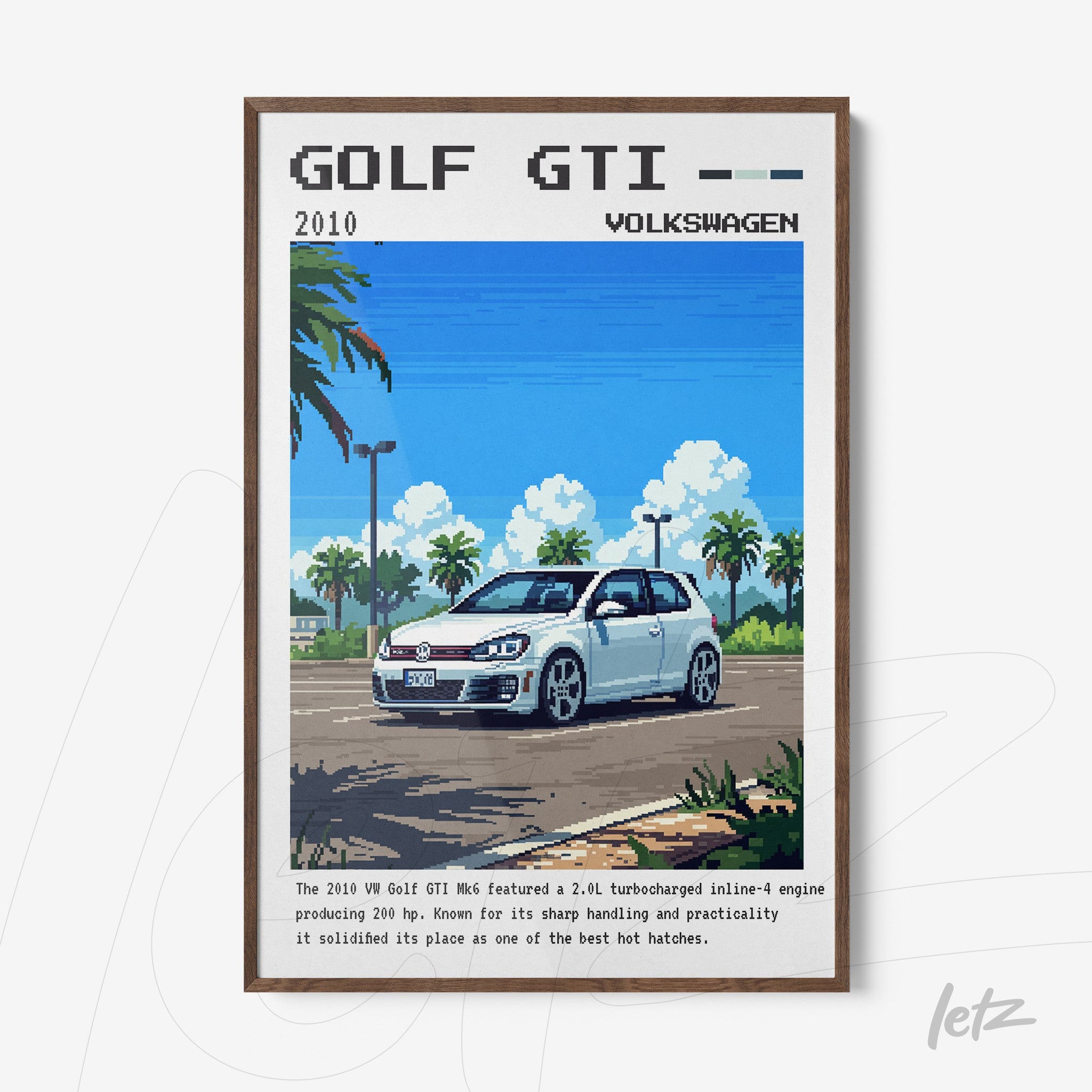pixel art framed print of a 2010 Volkswagen Golf GTI with urban landscape background