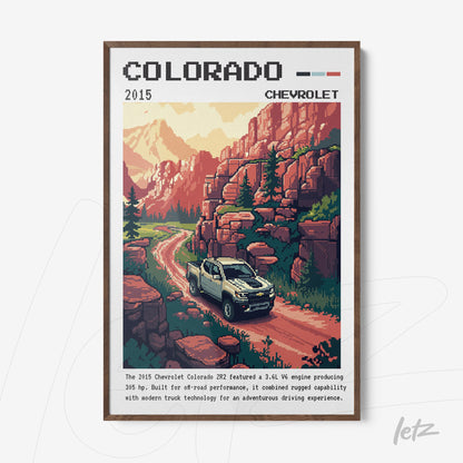 framed retro style digital art featuring a Chevrolet Colorado truck on a mountain road with rocky landscapes in the background