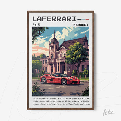 pixel art wall art featuring the LaFerrari sports car with a light wood frame