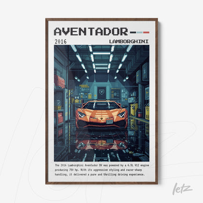 framed digital artwork of a Lamborghini Aventador in a garage with a dark wood frame