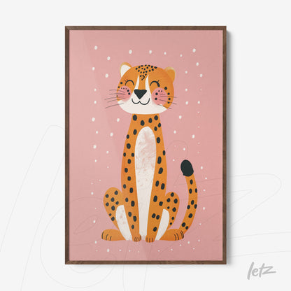framed illustration of a smiling leopard on pink background with dark wood frame
